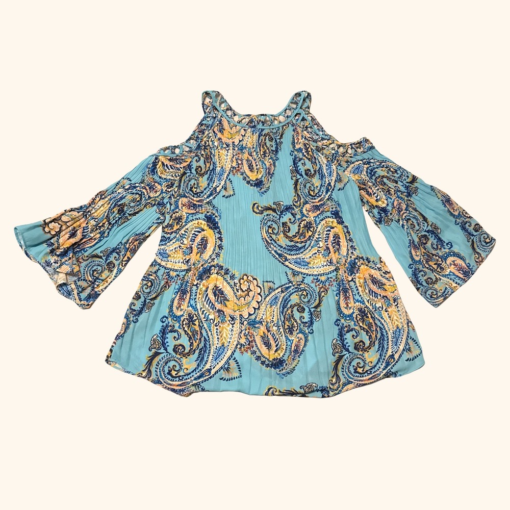 Midnight Velvet Womens L Paisley Pleated Cold Shoulder Bell Sleeve Blouse Blue